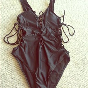 Sexy black lace up bathing suit, L, brand new